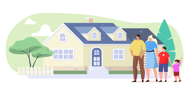 family in front of house
